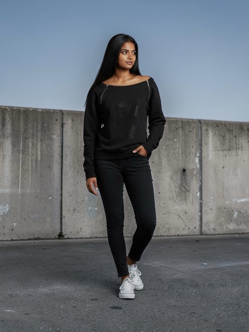 Rock & Republic Black Studded Skull Zip-Accent Sweatshirt 
Size: M